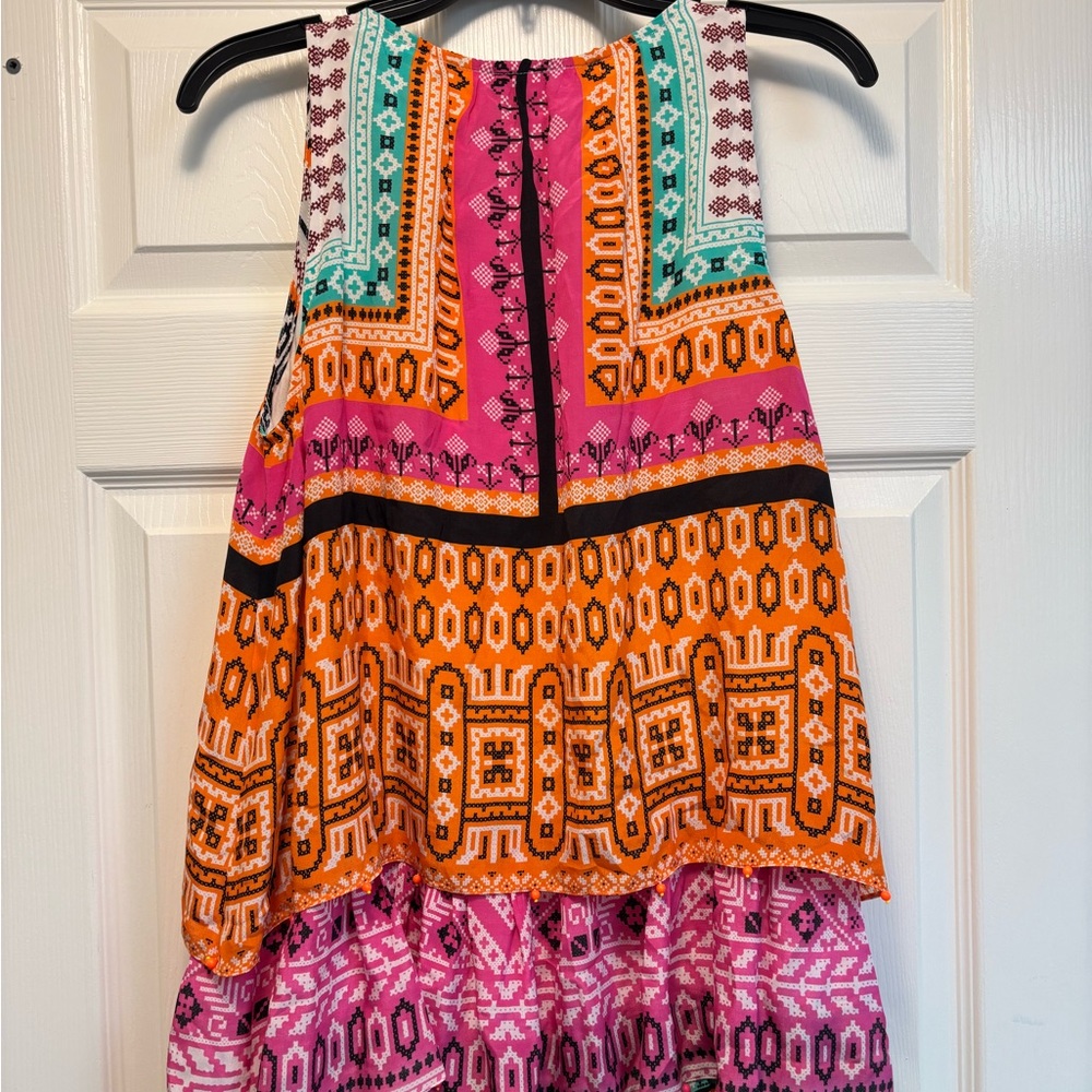 HEMANT & NANDITA Orange and Pink Embellished Tiered Mini Sundress 100% Silk - Picture 9 of 10